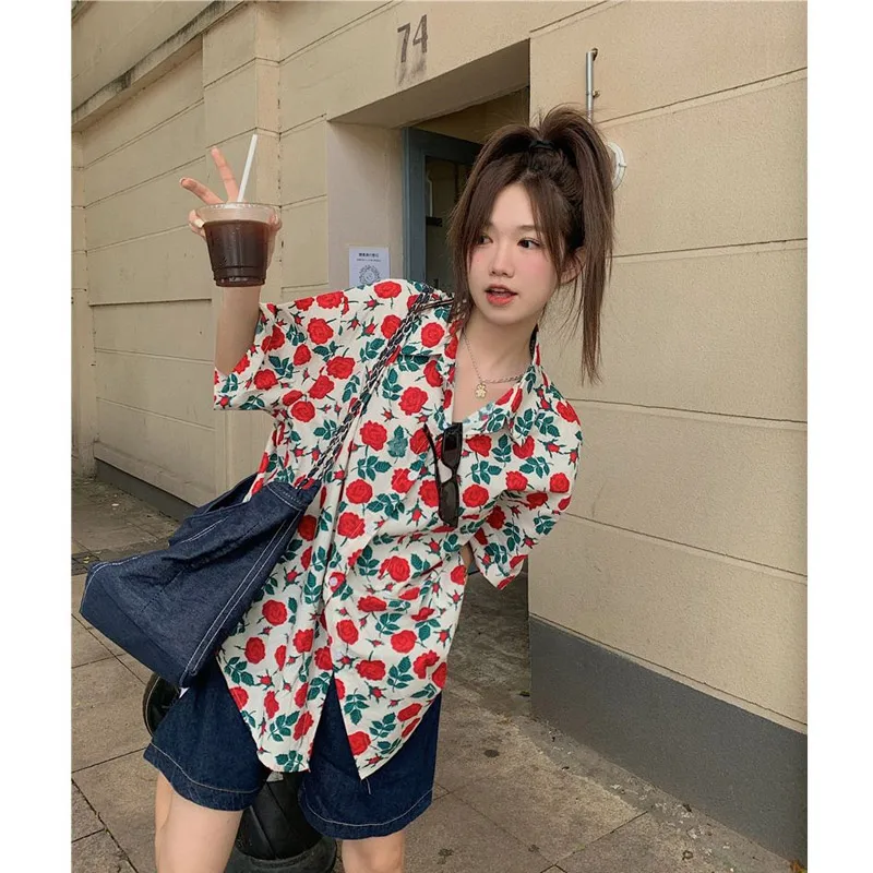 Summer New Vintage Printing Shirt Tops Polo Neck Short Sleeve All-match Loose Blouse Fashion Casual Women Clthing