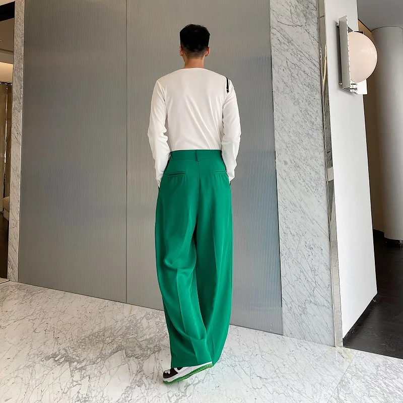 Men\'s Straight Loose Casual Wide Leg Suit Pant Male Chic Fashion Streetwear Vintage Long Trousers Green White Drape Fabric Pants