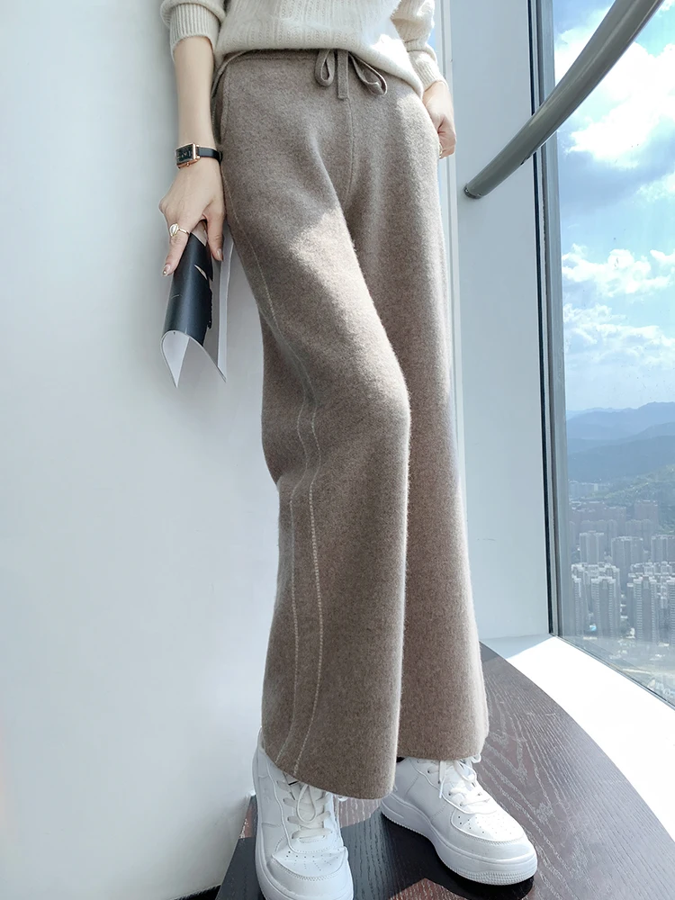 New Women\'s Wool Pants Autumn Winter 100% Merino Wool Straight Pants Thick Soft Pocket Casual Simple Style Cashmere Trousers