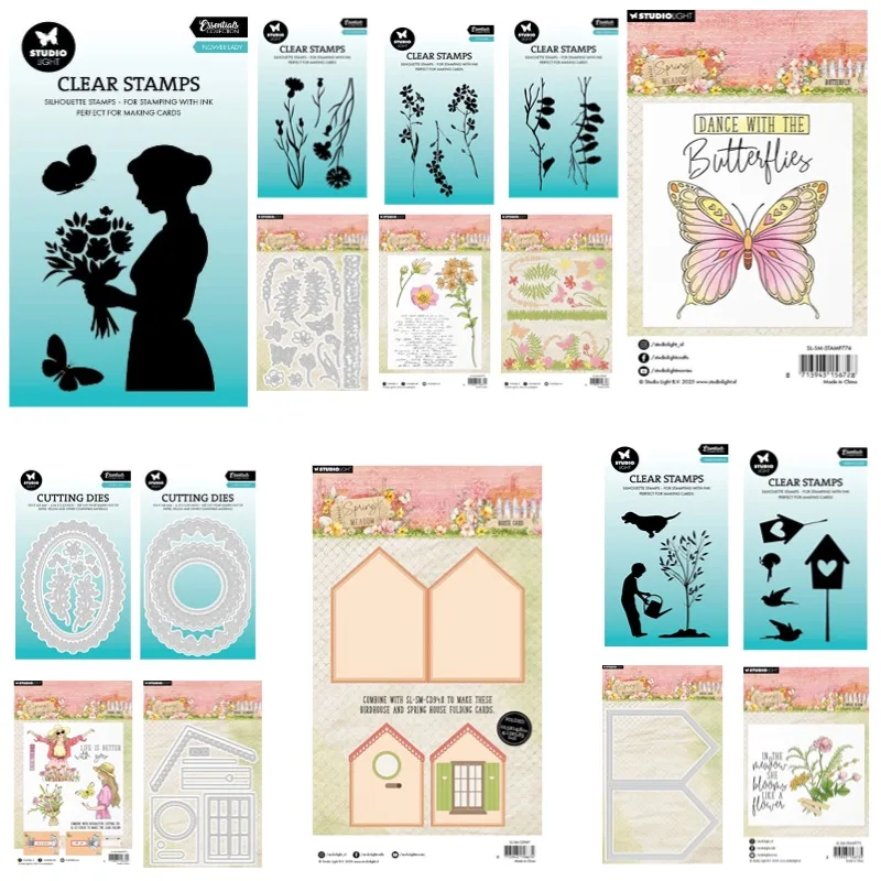 Flower lady bloom Sunny Birdhouse Spring Butterfly Metal Cutting Dies Silicone Stamps Scrapbooking Stencil Photo Album Card DIY