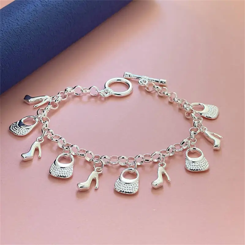 925 Sterling Silver High Heels Bag Pendant Bracelets Chain For Women Charm Wedding Engagement Jewelry