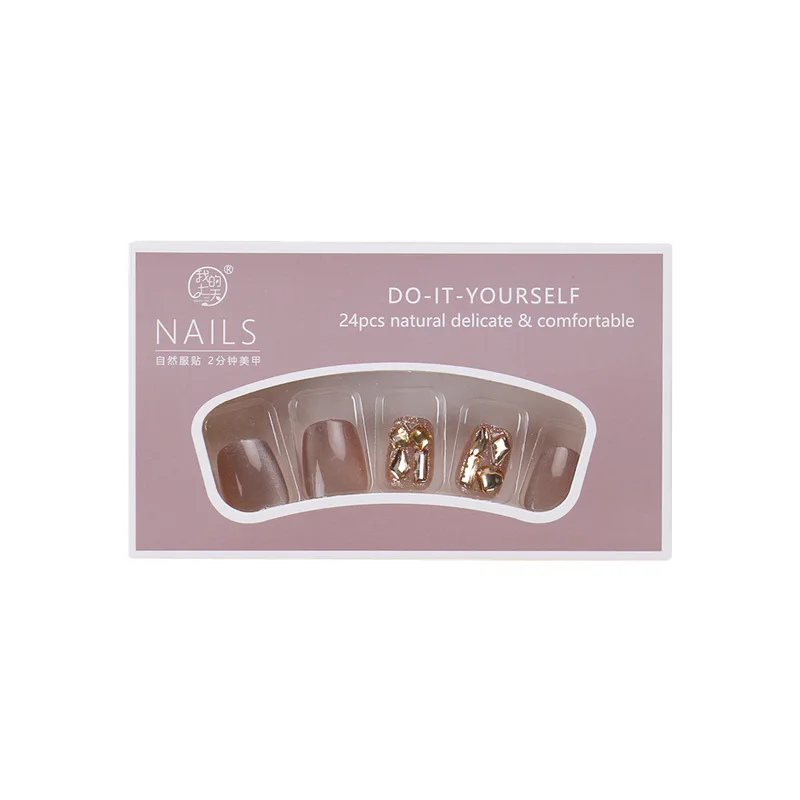 Destacável Cat Eye Rhinestone unhas postiças com cola Stick-On conjunto de unhas falsas, elegante imprensa sobre unhas, decoração curta, coreano, 24pcs