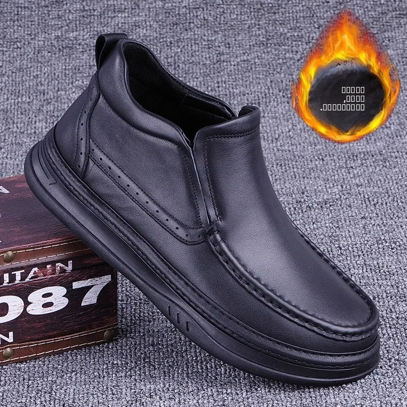 

Men's Winter High-Top Busin oes Leather Warmth Lined Sewn Cotton Boots Casual round Toe Thi Bot Rubber Sole