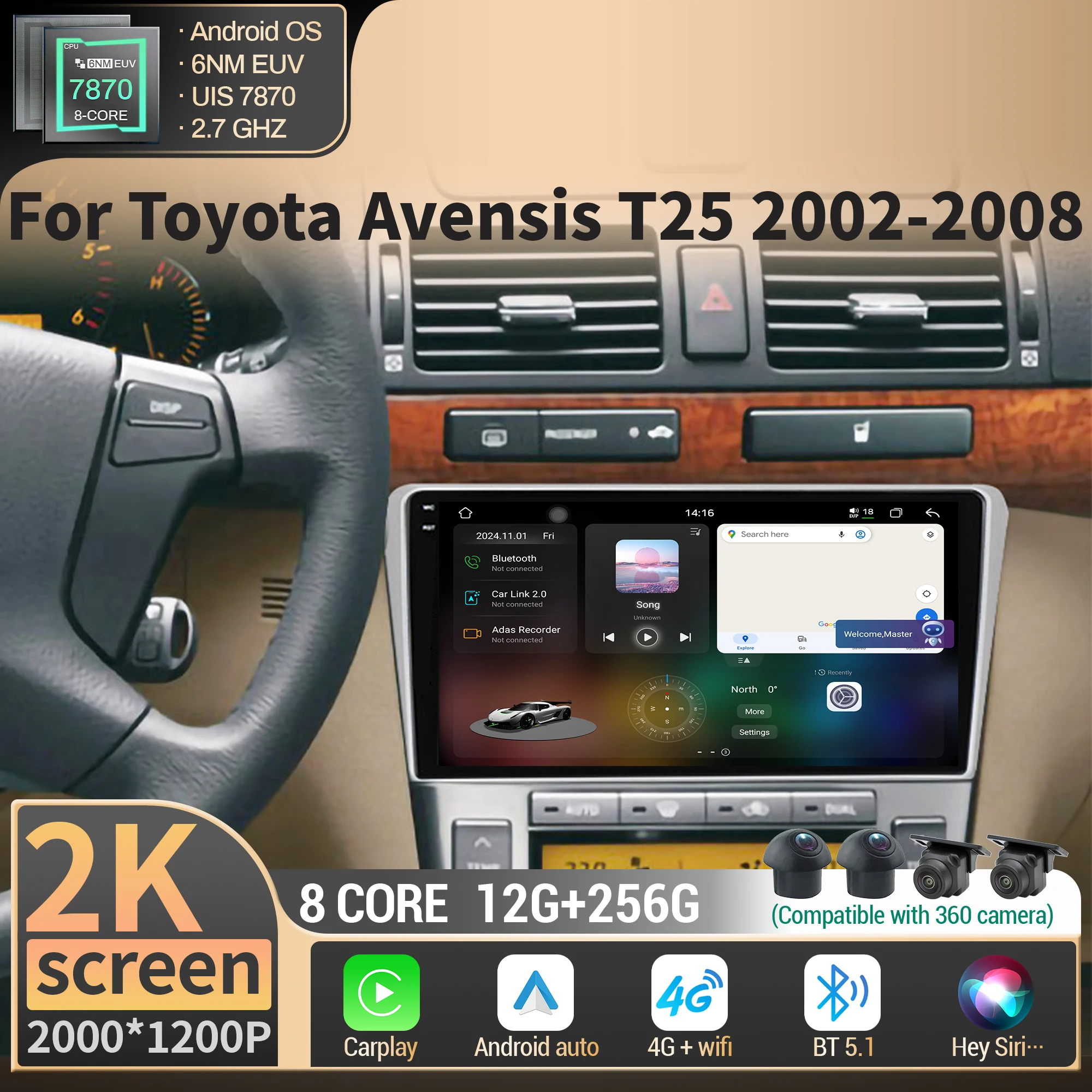 Автомобильный радиоприемник мультимедиа для Toyota Avensis T25 2002-2008 Android беспроводной Bluetooth Carplay 4G GPS процессор 7870 2K QLED экран