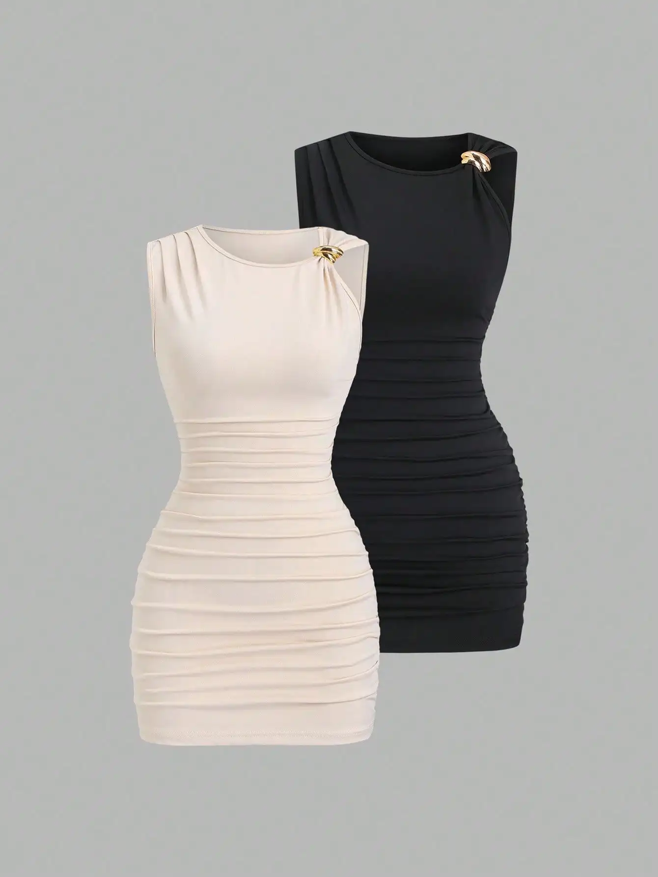 

Women's Ruched Mini Dress with Metal Shoulder Accent, Sleeveless Asymmetric Fit for Casual or Night Out