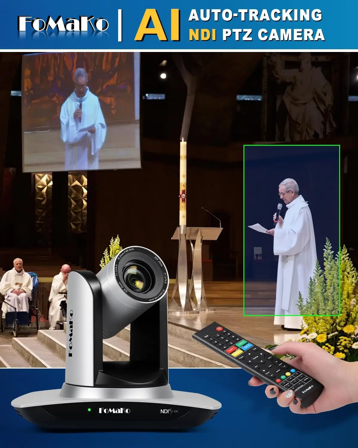 FoMaKo NDI Camera 30x Optical ZoomAI Auto Tracking HDMI PTZ Camera for Church Sports Events Football Basketball Live Streaming