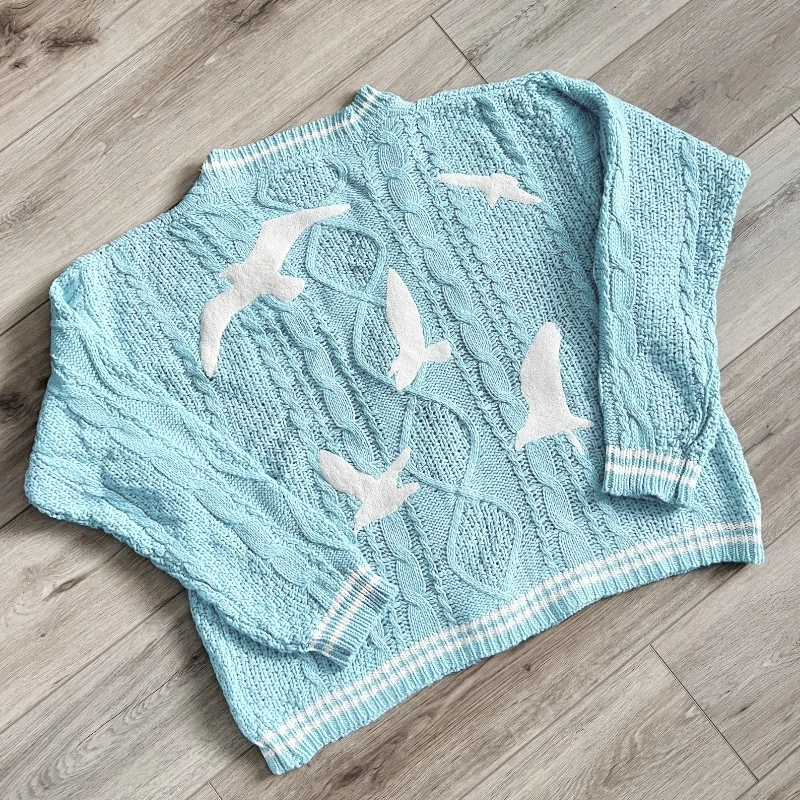 Women's Trend  Autumn Blue Cardigan 1989 Winter Bird Embroidery Special Knit Cardigan Slouchy Style Vintage Y2k Sweater Women