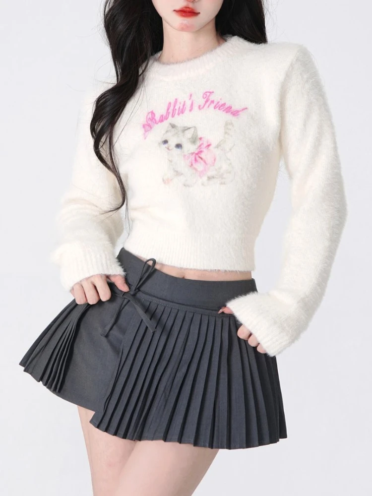 Japanese Fashion Sweet Kitten Sweater Women Autumn Winter Chic Knit College Style Cute Pullovers New Cartoon Print Slim Top 2024