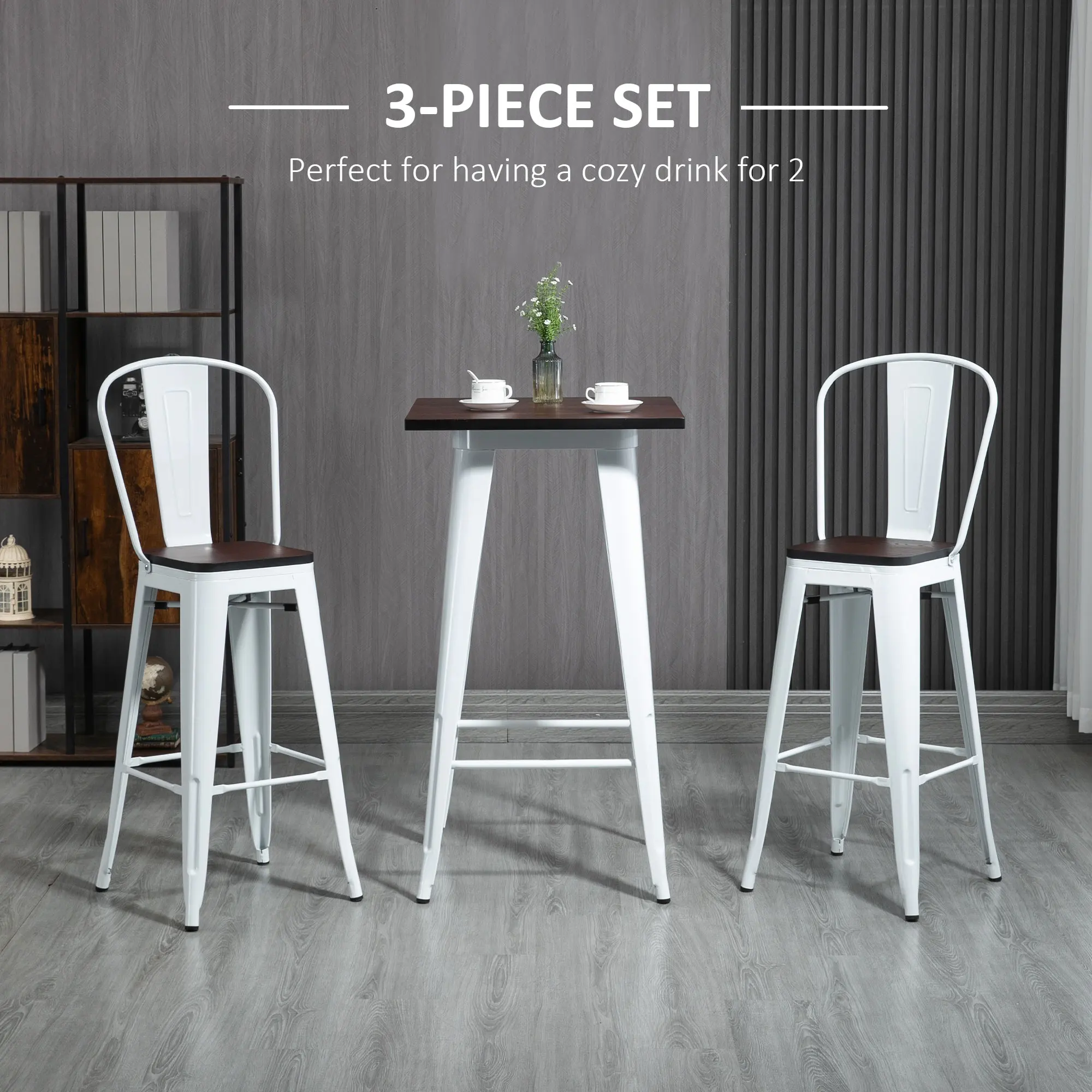 Homcom 3 Piece Industrial Dining Table Set, Bar Height Bar Table and Chairs Set with Footrests for Bistro, Pub, White and Brown