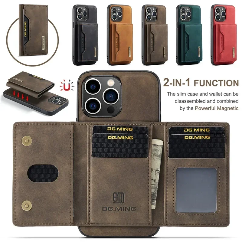 

2-in-1 Magnetic Leather Wallet Card Phone Case For iPhone 15 Pro Max 14 Plus 13 12 11 XS XR X SE 2022 8 7 Plus Flip Stand Cover