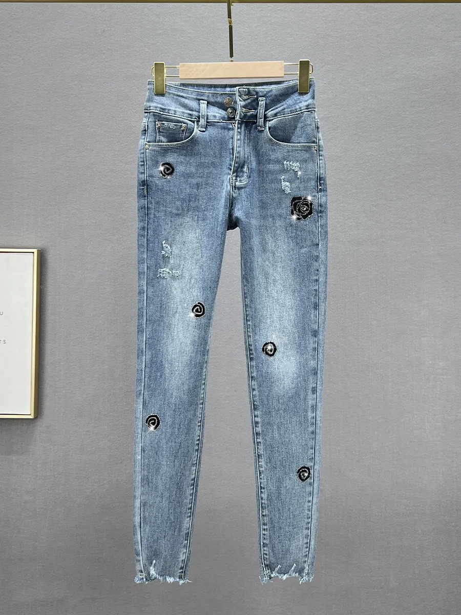 

Trendy High Waist Slim Fit Women's Jeans Spring Summer Elastic Cotton Stretch Denim Pencil Pants European Sle Drill Detail