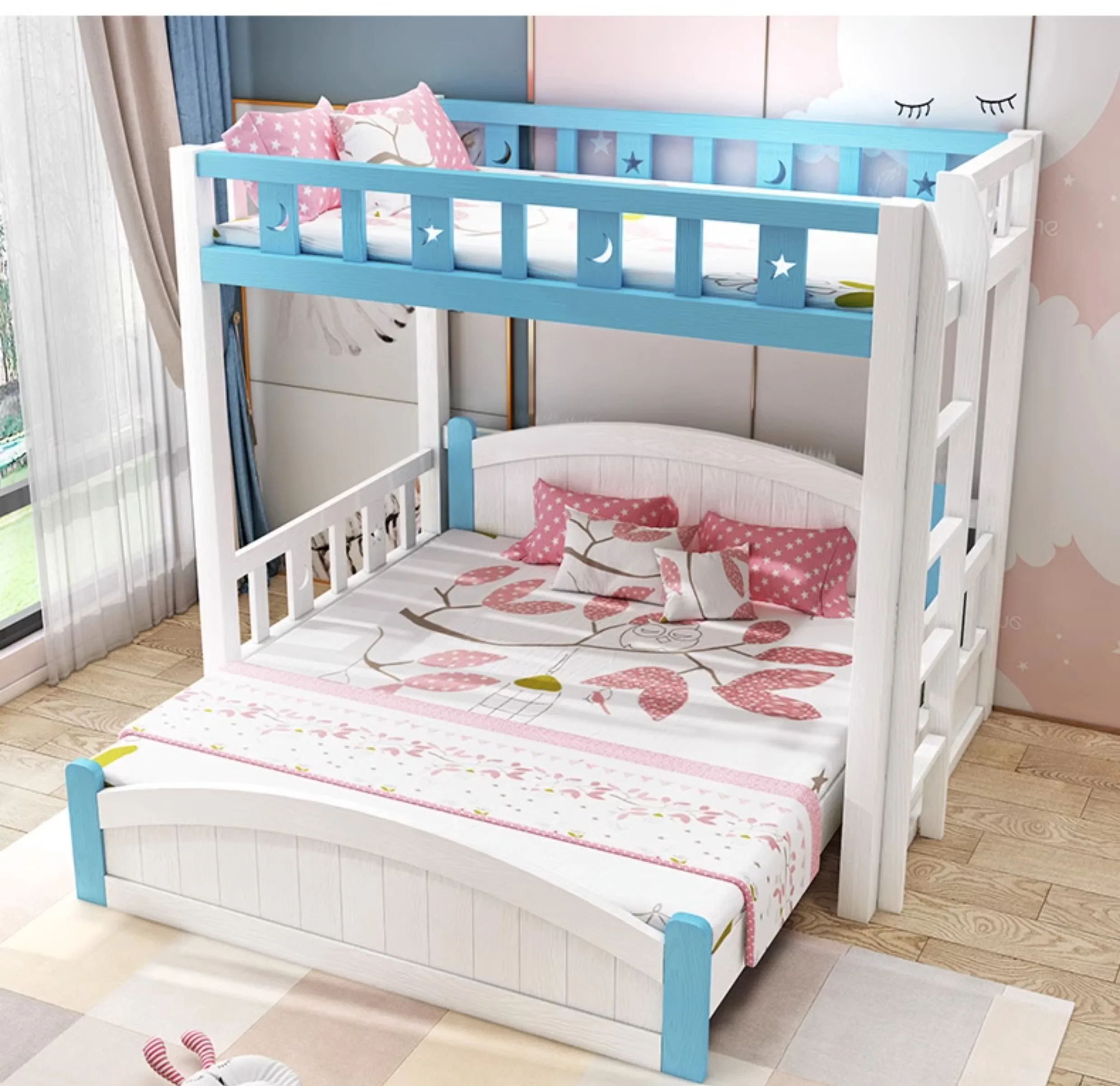 

Multi functional combination bed with upper and lower bunksstaggered mother and child bed, solid wood two layer double layer bed