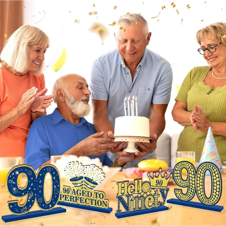Feliz 90th aniversário decorações de mesa azul 90th aniversário peças centrais sinal azul marinho ouro 90th aniversário festa suprimentos de