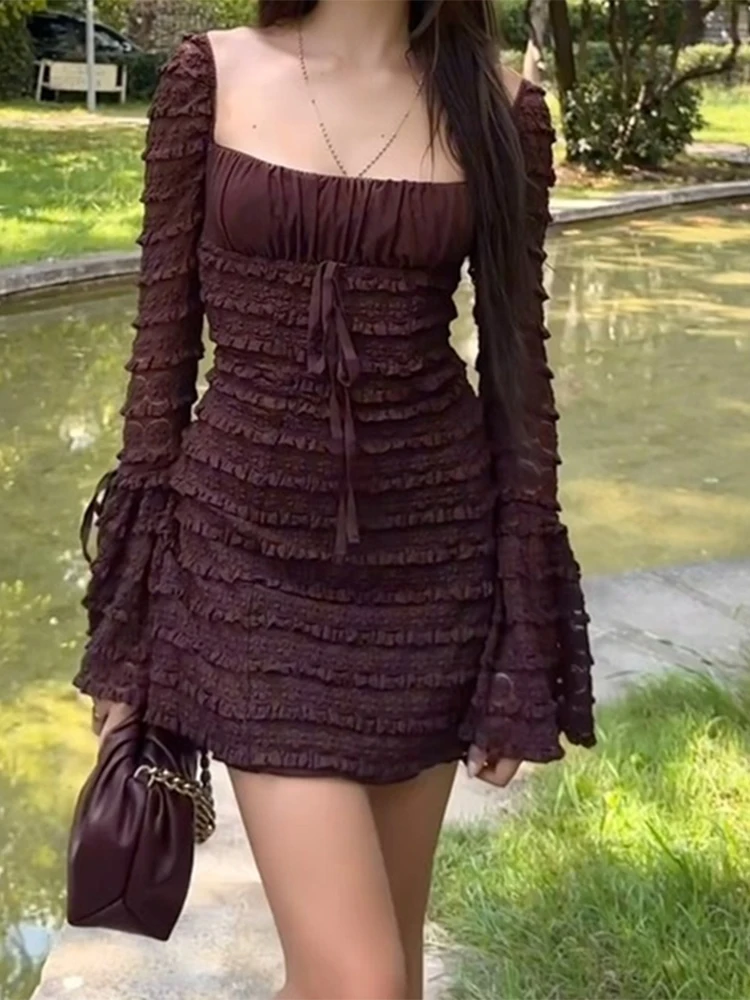 女性ブラウン A ラインボディコンドレスヴィンテージファッション長袖スクエアカラーミニドレス Y2k ワンピースフロック 2000 年代服 2024