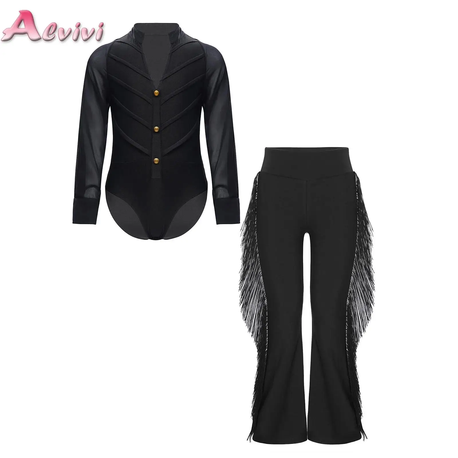 

Kids Boys Latin Ballroom Dance Performance Costume Decorative Buttons Sheer Long Sleeves Leotard with Tassels Bell-Bottom Pants
