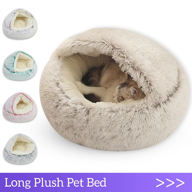 Winter Long Plush Pet Cat Bed Round Cat Cushion Cat House 2 In 1 Warm Cat Basket Cat Sleep Bag Cat Nest Kennel For Small Dog Cat