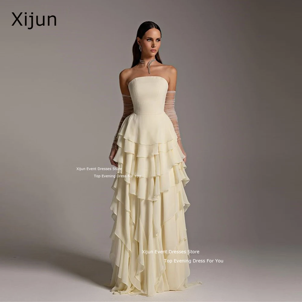 

Xijun Yellow Chiffon Long Evening Dresses Tiered Pleats Saudi Arabric Prom Dresses Formal Floor Length Prom Gown Customized 2024