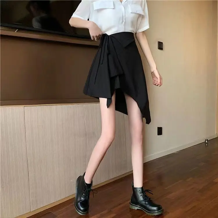 불규칙한 기질을 가진 여성을위한 새로운 유행 홍콩 스타일 스커트 A 라인 스커트 묶인 하이 웨이스트 짧은 스커트