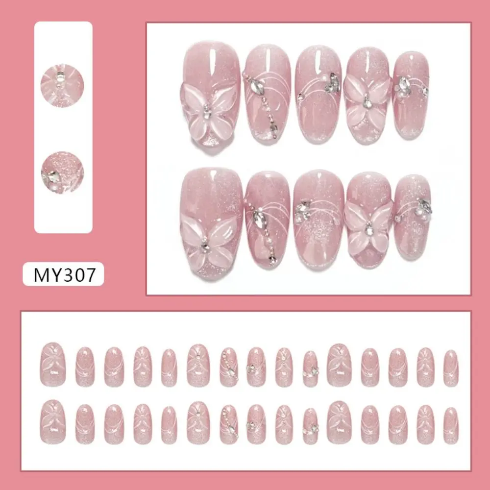 Manicure Long Almond False Nails Gilding Flower Tomato Aurora Fake Nails French Detachable Nail Tips DIY