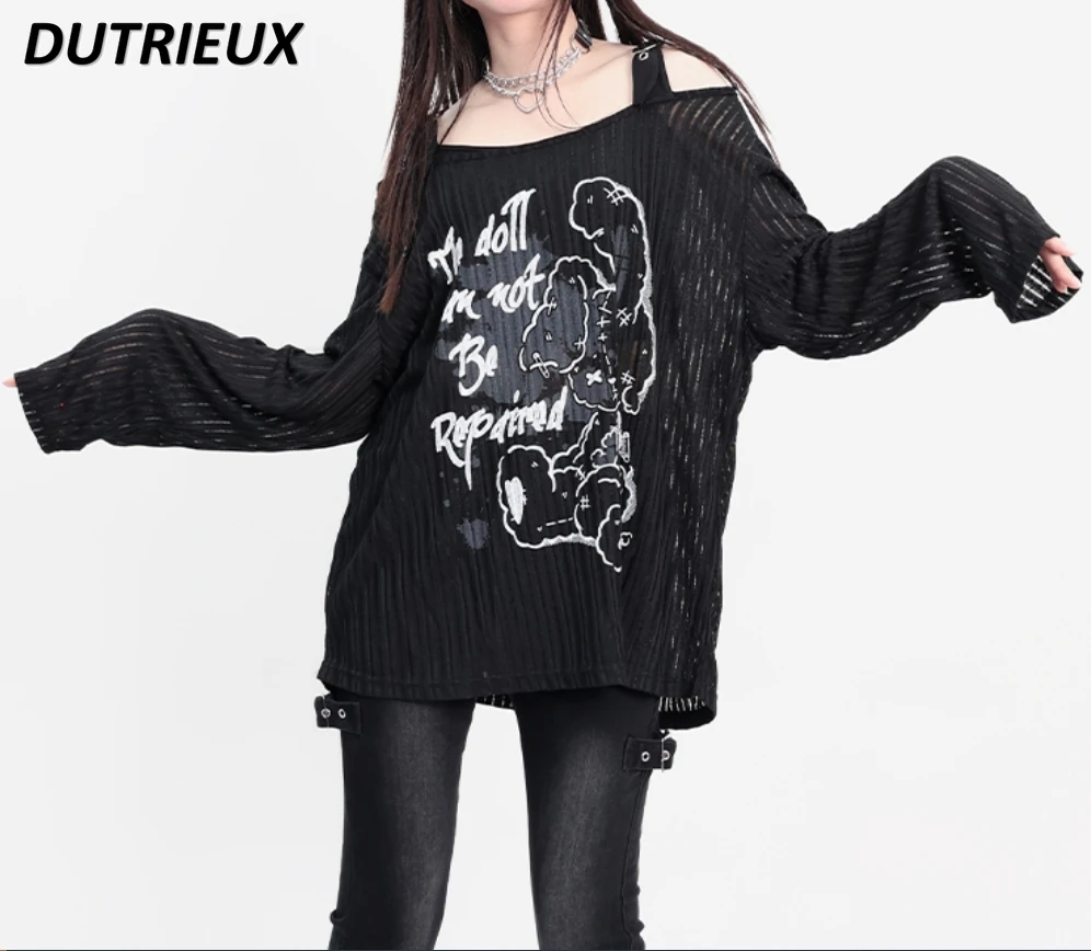 Spring and Autumn New Black Sweet Loose Long Sleeve T-shirt Ripped Cartoon Printed All-Matching Off-Shoulder Tops T Shirt