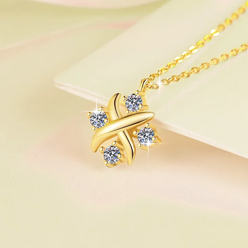 Luxury 100% Real 18k Gold Women's 4 Moissanite Diamond Pendant Necklace
