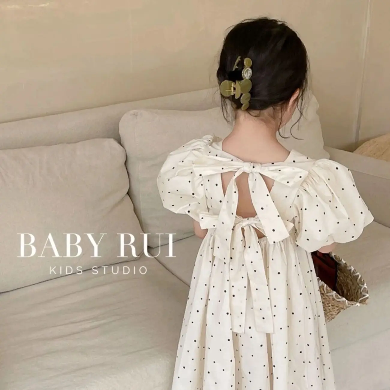 

100-150cm Girls' Korean Style Polka Dot Backless Dress 2025 Summer Outfit New Baby Bubble Sleeve Princess Dress Trend