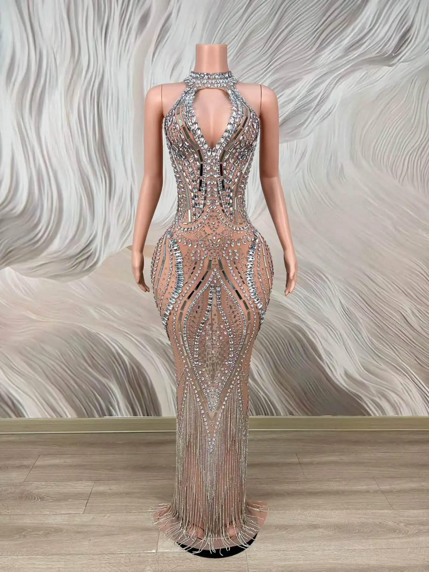 Women Silver Rhinestone Halter Cutout Mermaid Maxi Dress Tassel Mesh Gowns Birthday Evening Wedding Performance Stage Wear view 6
