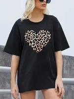 Leopard Heart Printing Women Tee Shirt Soft Loose Cotton Tshirts Casual Trend Fashion New Clothes Breathable Harajuku T-Shirts