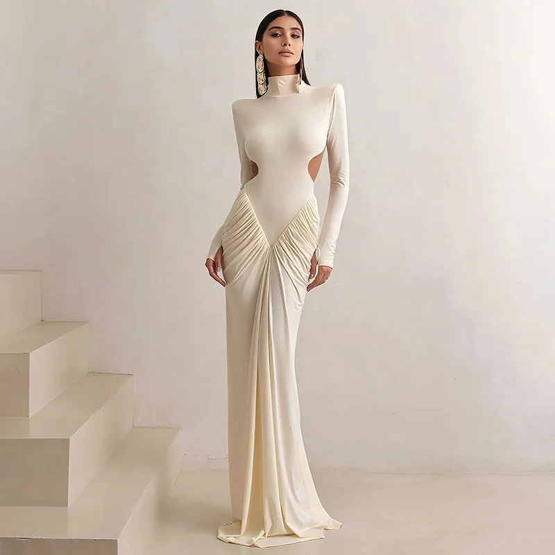 Elegant Full Sleeve Maxi Dress For Women Shirring Waist Straight Shoulder Backless High Street Evening Party Gown Vestidos New