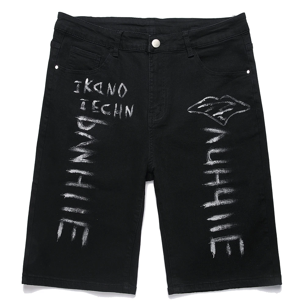 Celana Pendek Denim Gambar Huruf Grafiti Musim Panas Pria Jeans Celana Lurus Ramping Kasual Katun Hitam