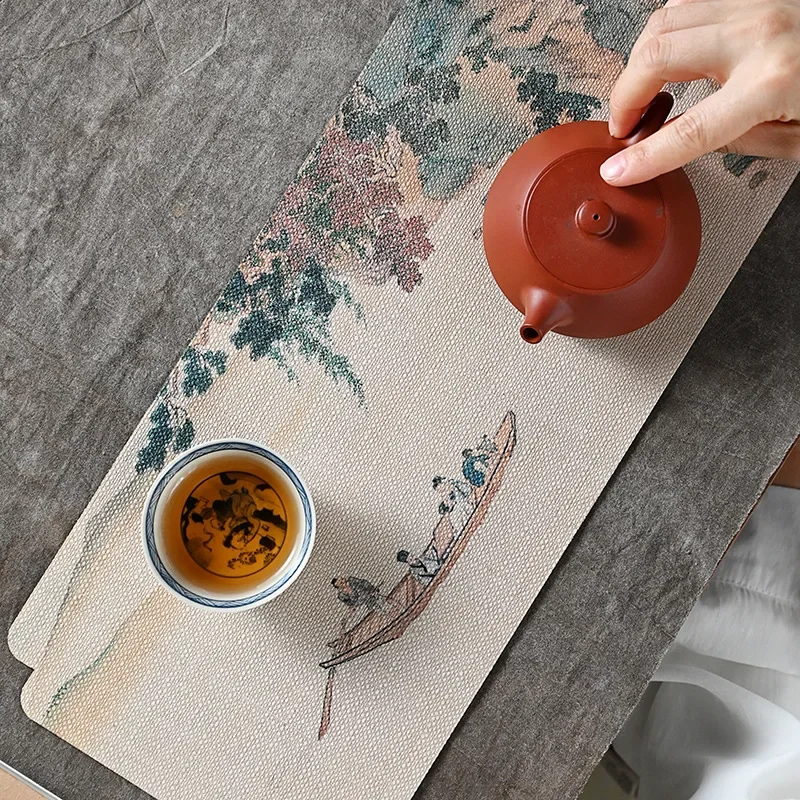 Double sided retro tea mat waterproof Zen dry brewing single person tea towel cloth mat table flag tea ceremony accessories