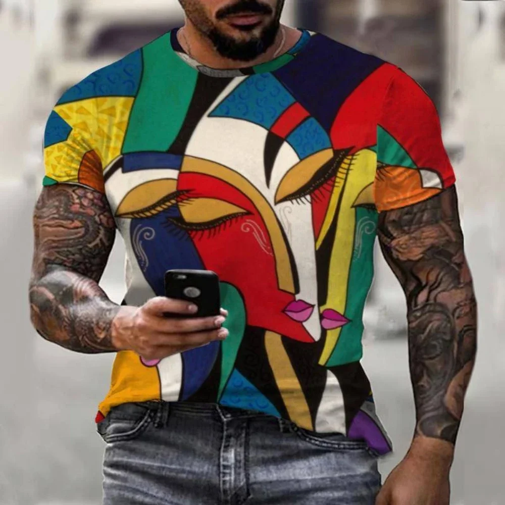 Men's T-shirt Large Round Neck Short Sleeve Cubist Art Print Street Casual 6xl Fashion Fun Top Abstract Painting