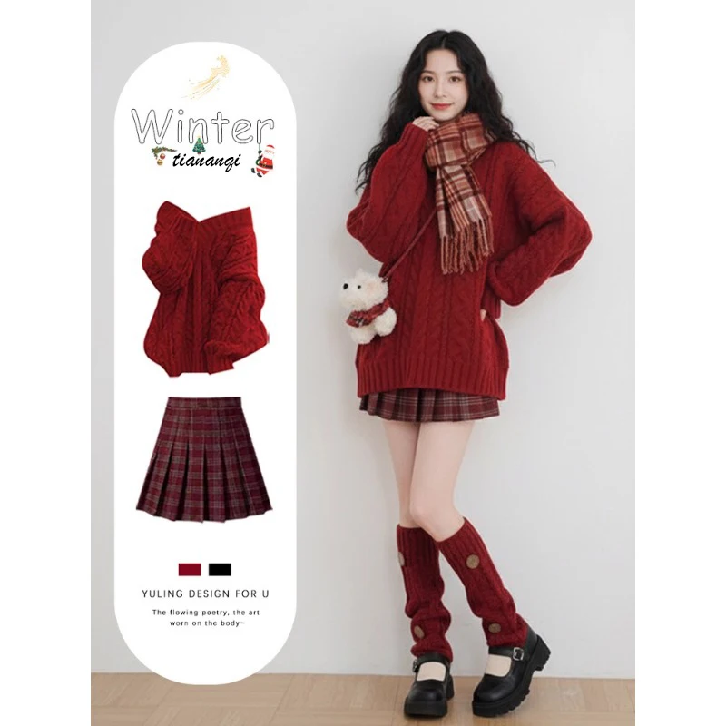 

Cisas Aosphere Knitted V-Ne Sweater Dr Women's Korean Sle Winter Faion Long Sve High Waist ort Skirt