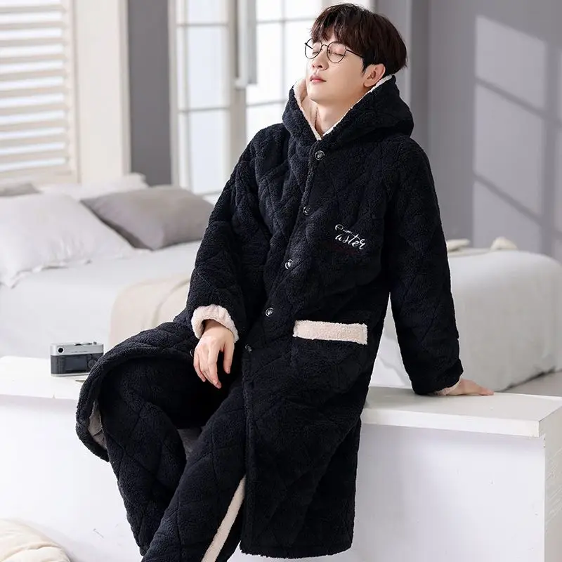 2026 New Thick Men Sleepwear Hooded Long Sleeve Button Down Coat Warm Plush Fleece Winter Thermal Homewear Suit Thickened Warmth