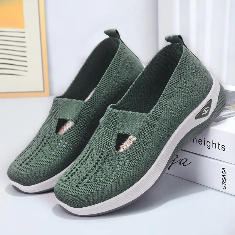 Size 43 Sport Mary Janes Flats Women Knit Mesh Sneakers Breathable Wedge Shoes Ladies Casual Slip On T Flats Comfortable Loafers