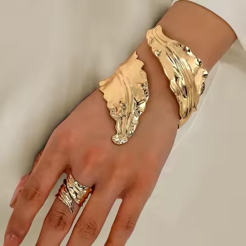 Vintage Fashion Folded Leaf Bracelet Spiral Opening Adjustable Ring Set For Women Girls Holiday Party Fashion Jewelry BS031