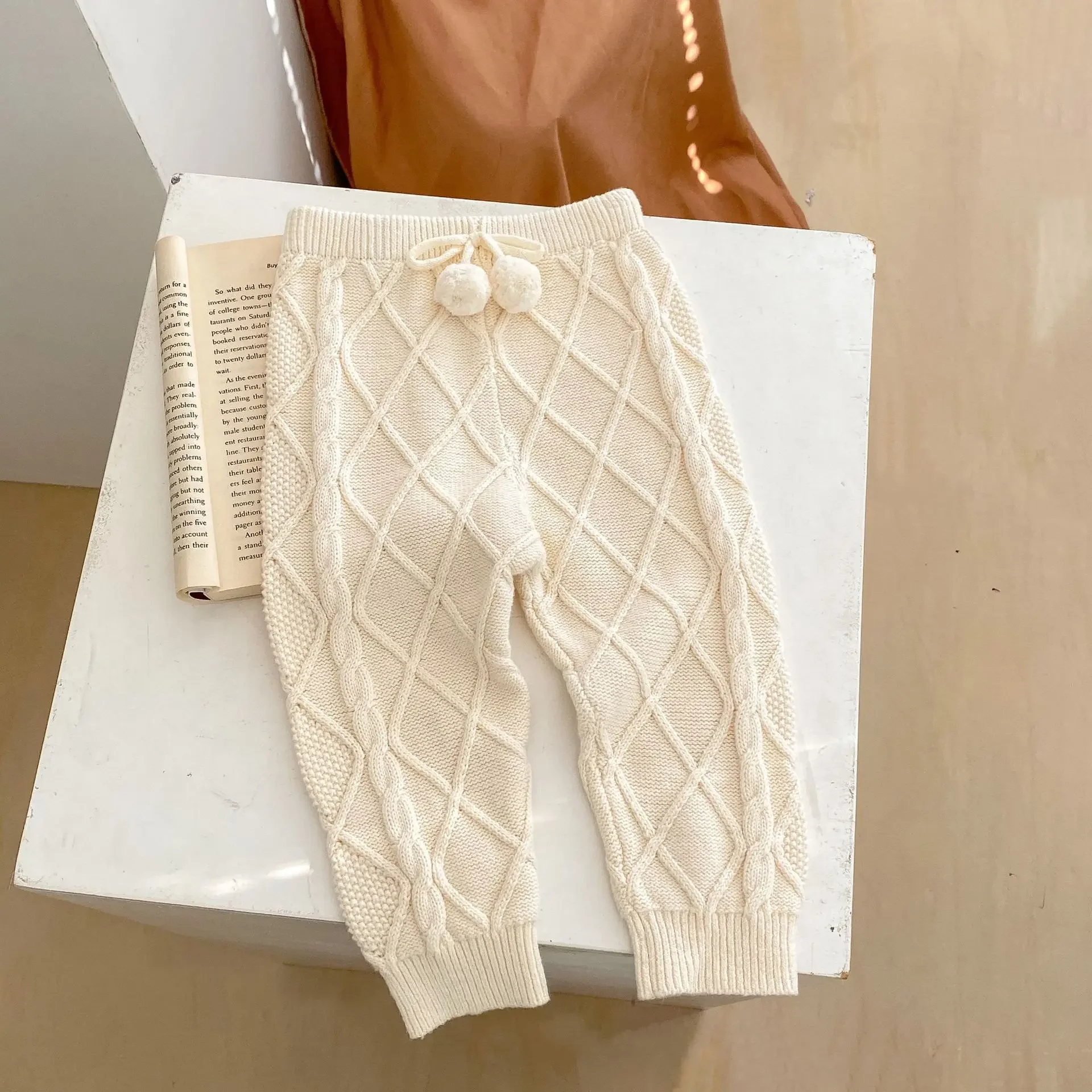 Casual Autumn Knitted Pants for 0-3Y Baby Boys Girls Brown White Ball Decorated Intersecting Rhombus Sweatpants Trousers