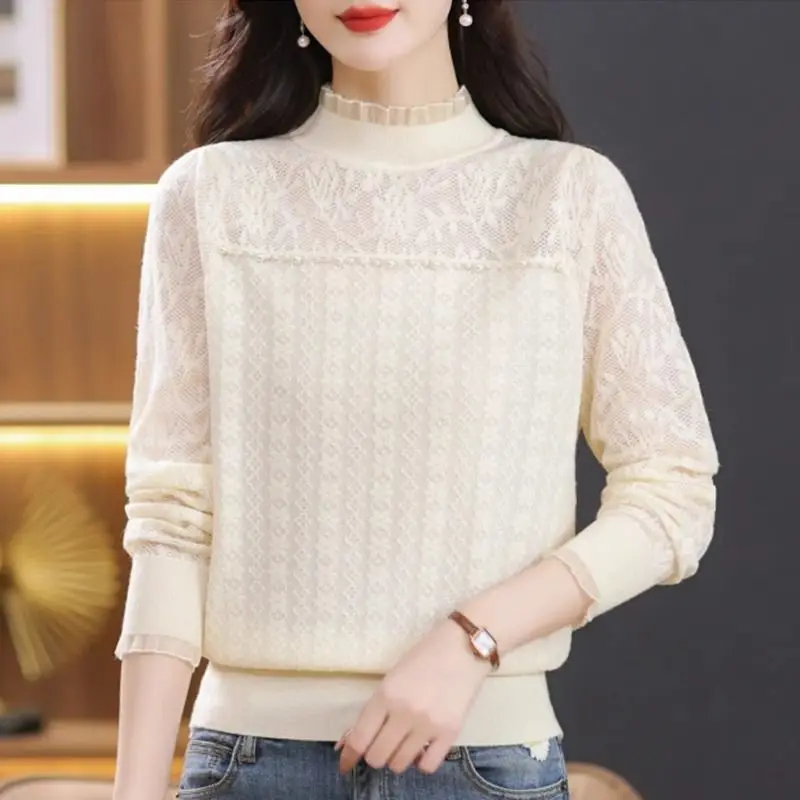 Spring Autumn Solid Half High Collar Long Sleeve Pullovers Women\'s Clothing Embroidered Flares Lace Hollow Out Bottoming Shirt