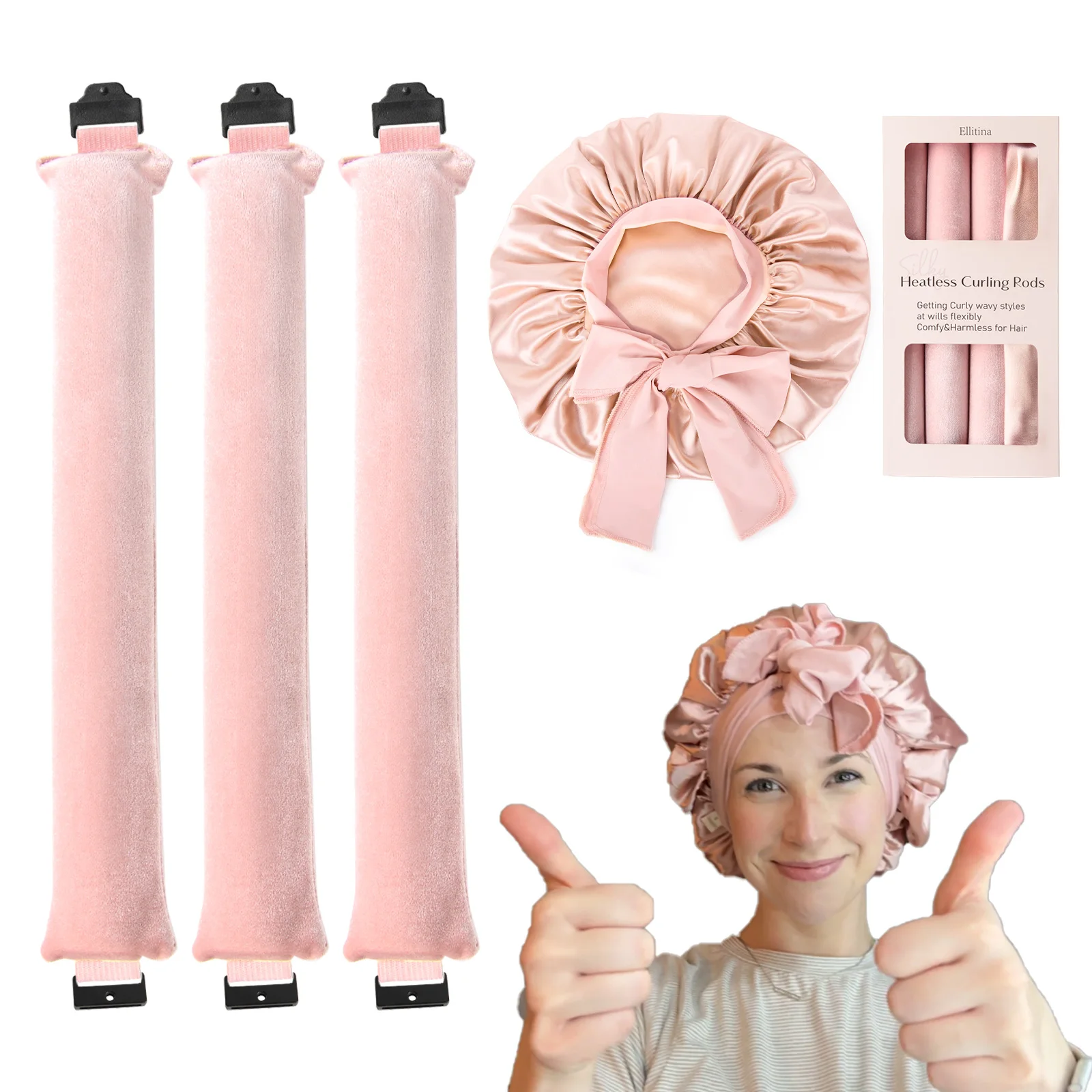 

Ellitina 4pcs Heat-Free Curling Kit ，Salon Waves While Sleeping, Anti-Frizz Satin Bonnet & Comfort Band (Luxury Hair Gift)