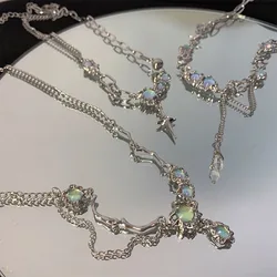 Kpop Mode Glanzende Ster Ketting voor Vrouwen Y2K Kristal Zirkoon Kruis Hanger Kettingen Meisjes Antiek Zilver Kleur Sleutelbeen Keten