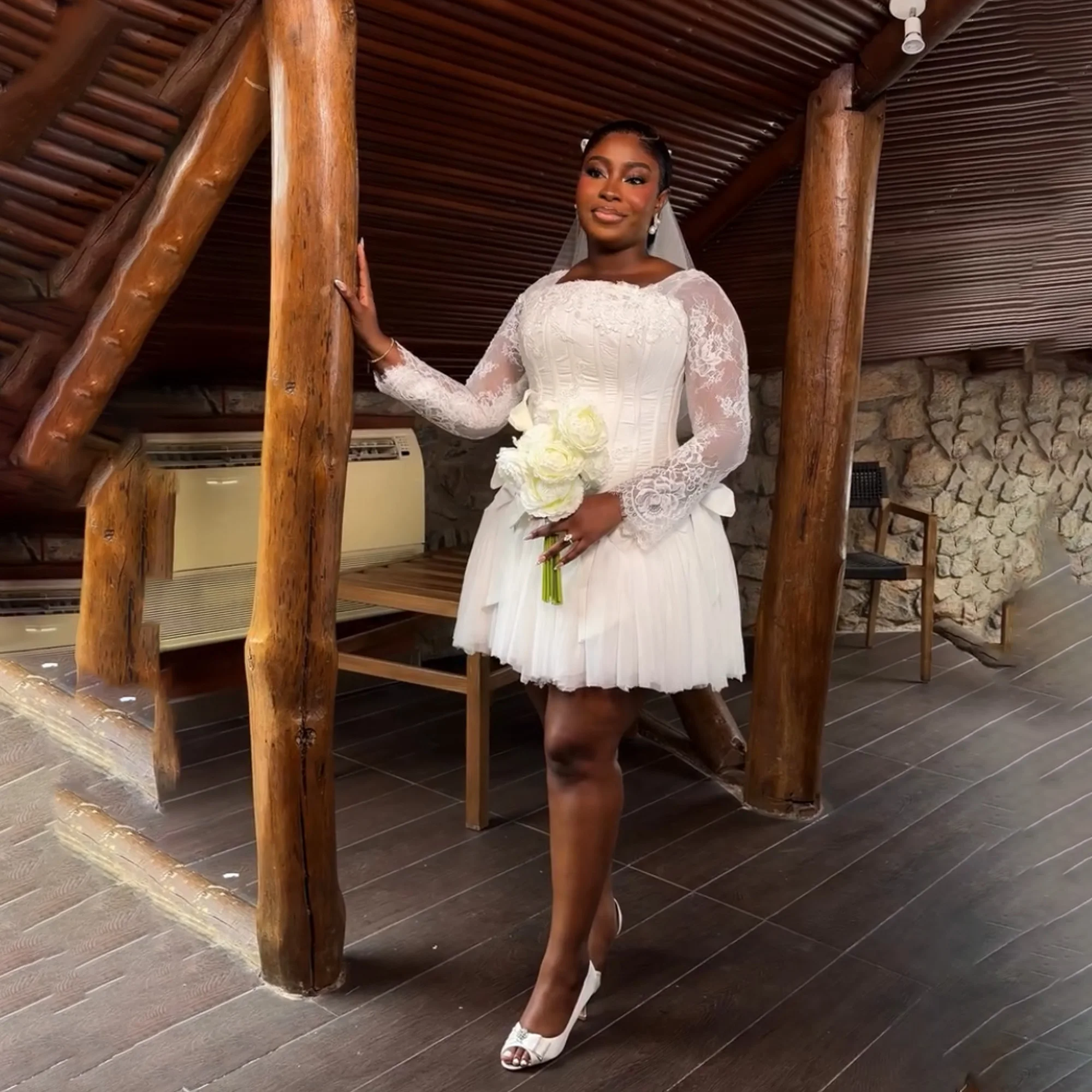Mini Wedding Dresses African Lace Full Sleeve Applique Corset Civil Engagement Dress With Bows A-Line Bride Gowns Customized