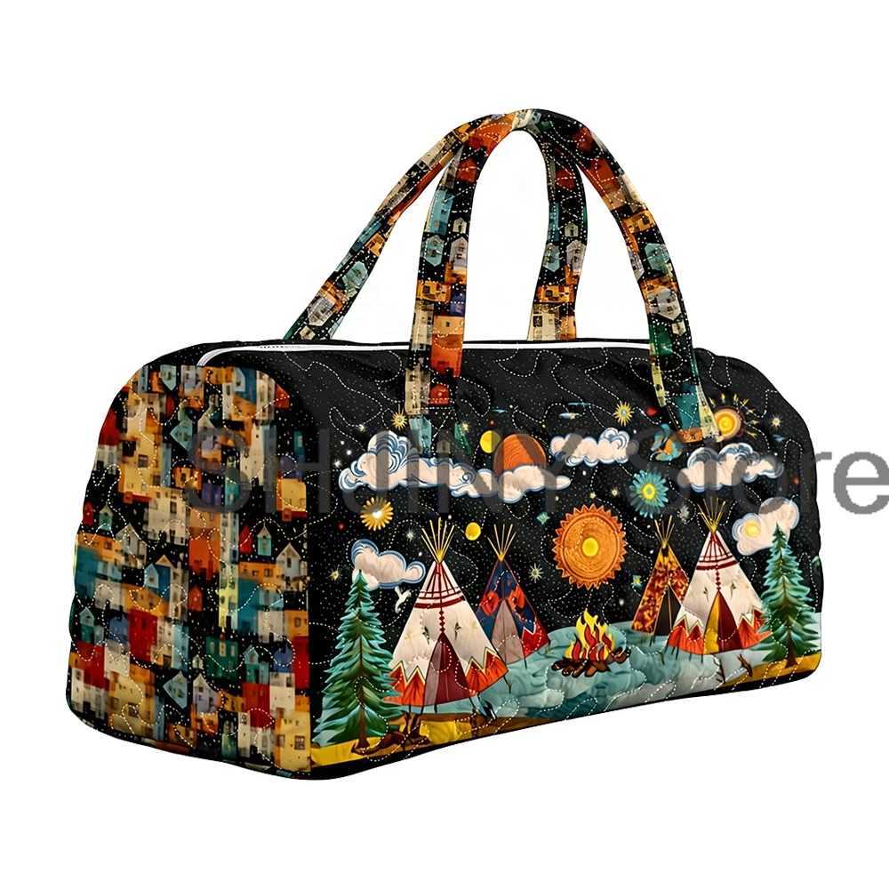 

Native American Teepee Cityscape Boho Style Quilted Duffle Bag Outdoor Road Trips Travel Tote Women Men Weekender Bag