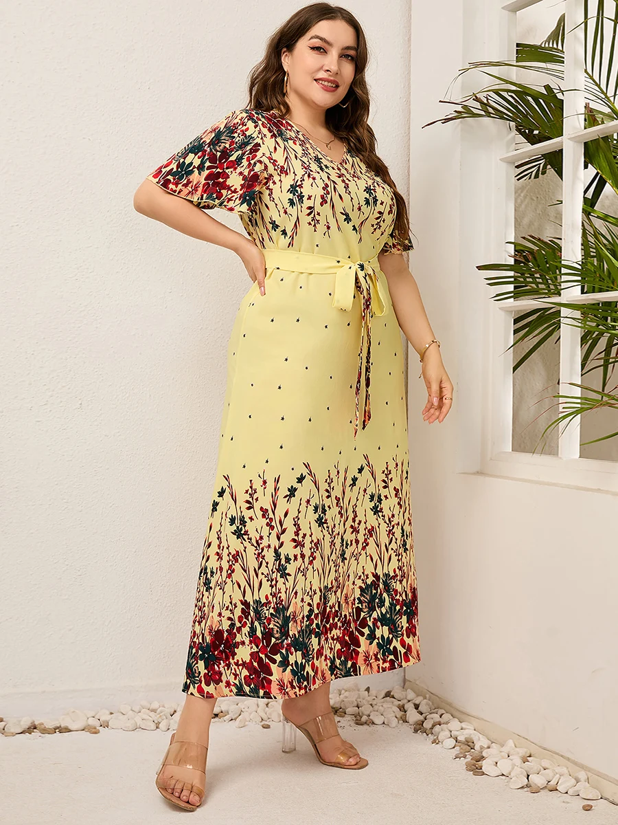 2023 kobiet lato długa sukienka V Neck krótki rękaw kwiatowy Print Boho plaża sukienka Curvy kobieta Plus Size odzież damska