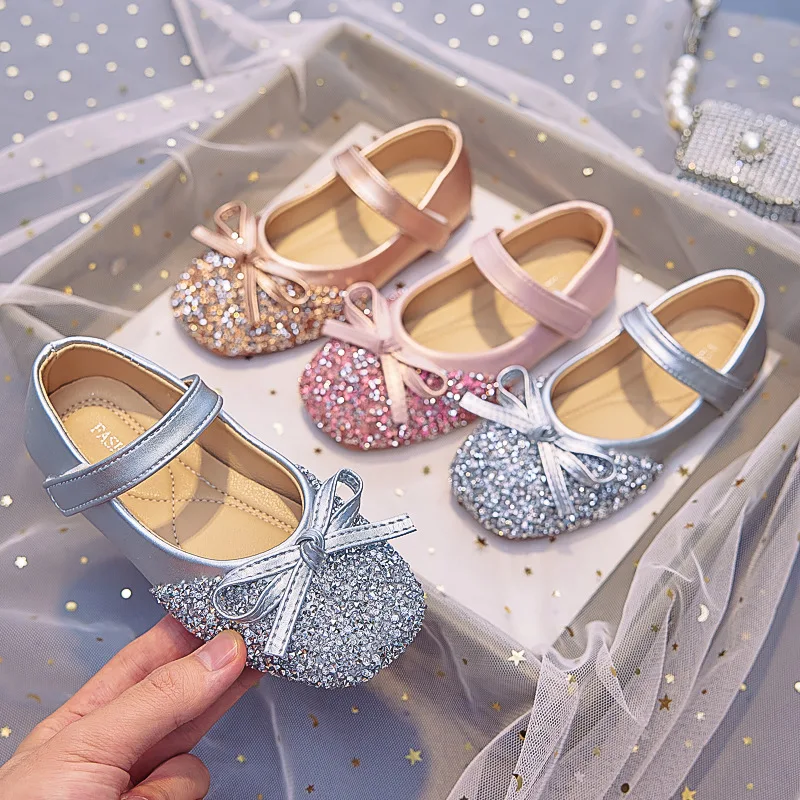 

Kids Leather Shoe Spring Autumn Elegant Girls Party Shoes Fashion Sequins Bowtie Children Princess Shoes for Wedding Shallow