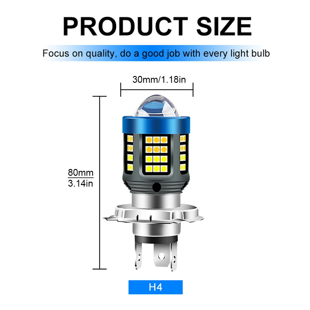 H4 Hi/Lo Beam 360 Degree 1200LM Super Bright White 6000K 12-80V 3030 Chips Motorcycle Headlight Bulb with Lens