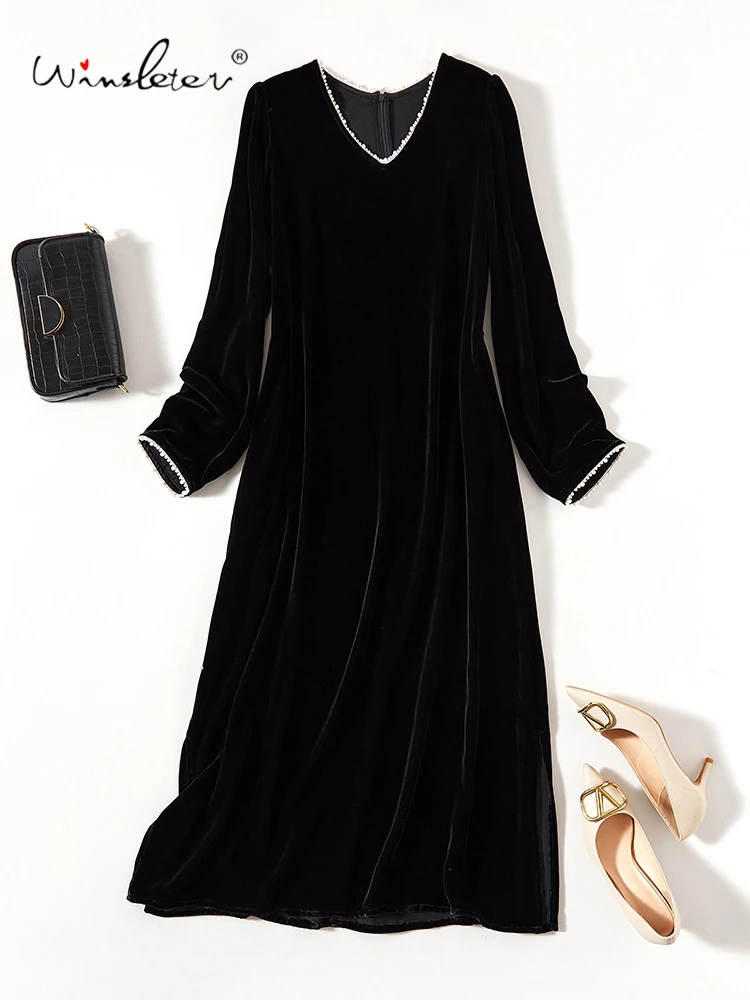 

Winsleter-Bottom 100%Silk Elegant Velvet Dress, Long Sleeve Beading, Women French Retro Temperament Dresses, 2025 Fall D59202CC