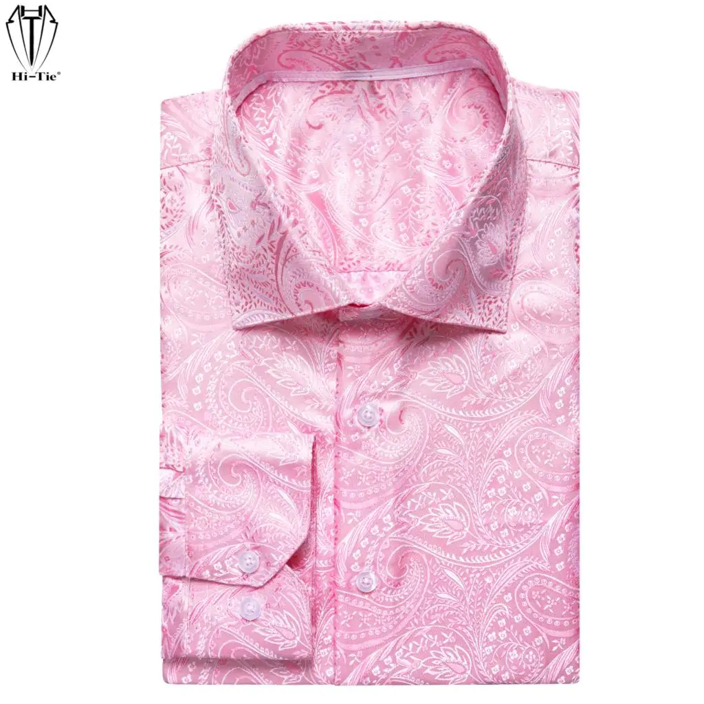 

Hi-Tie Luxury Jacquard Pink Silk Mens Shirts Lapel Long Sleeve Social Shirt Elegant Paisley Male Blouse Casual Wedding Business