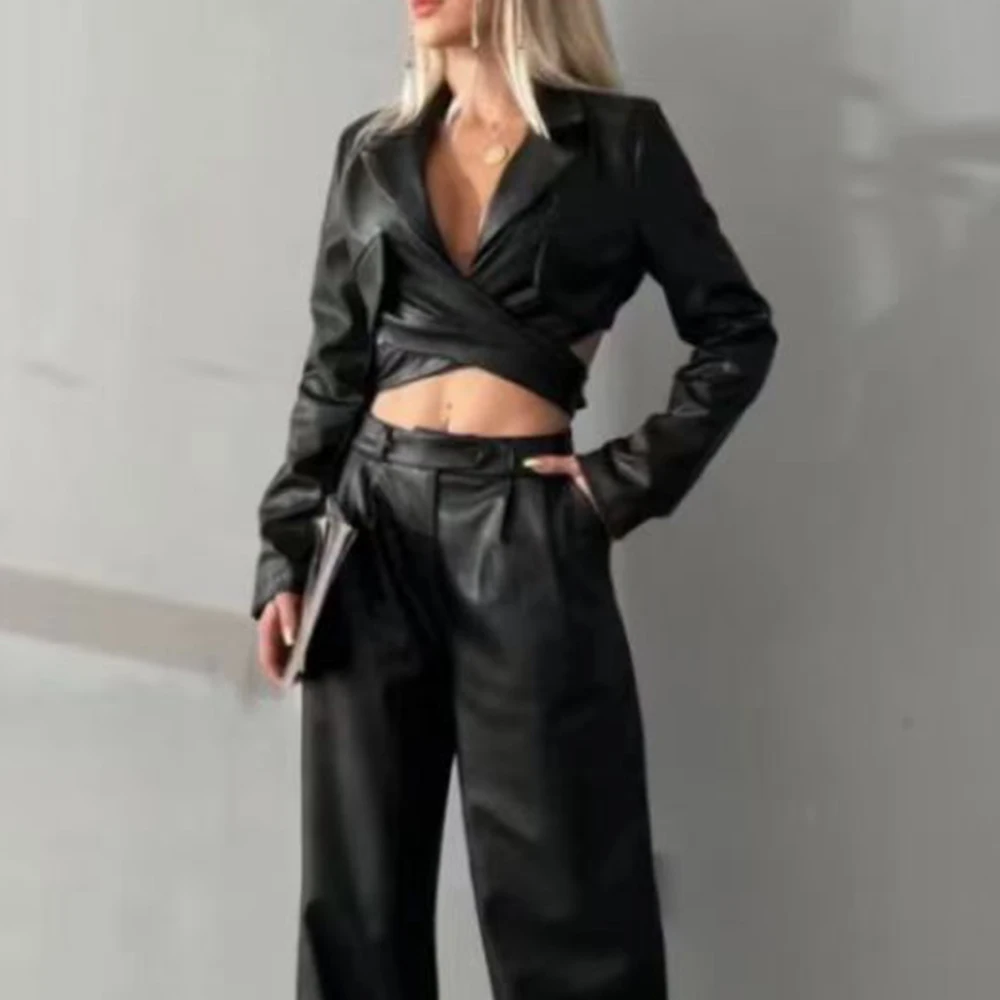 TWOTWINSTYLE Black Spliced Bandage Jacket Female Lapel Long Sleeve Loose Sweet Edgy Women's Jackets Autumn Fashion New Clothing