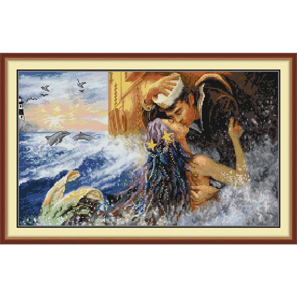 

Joy Sunday New Stamped Cross Stitch Ki,11CT/14CT/16CTDIY Easy Pattern Aida Fabric Embroidery Set-Kiss The Mermaid Goodbye