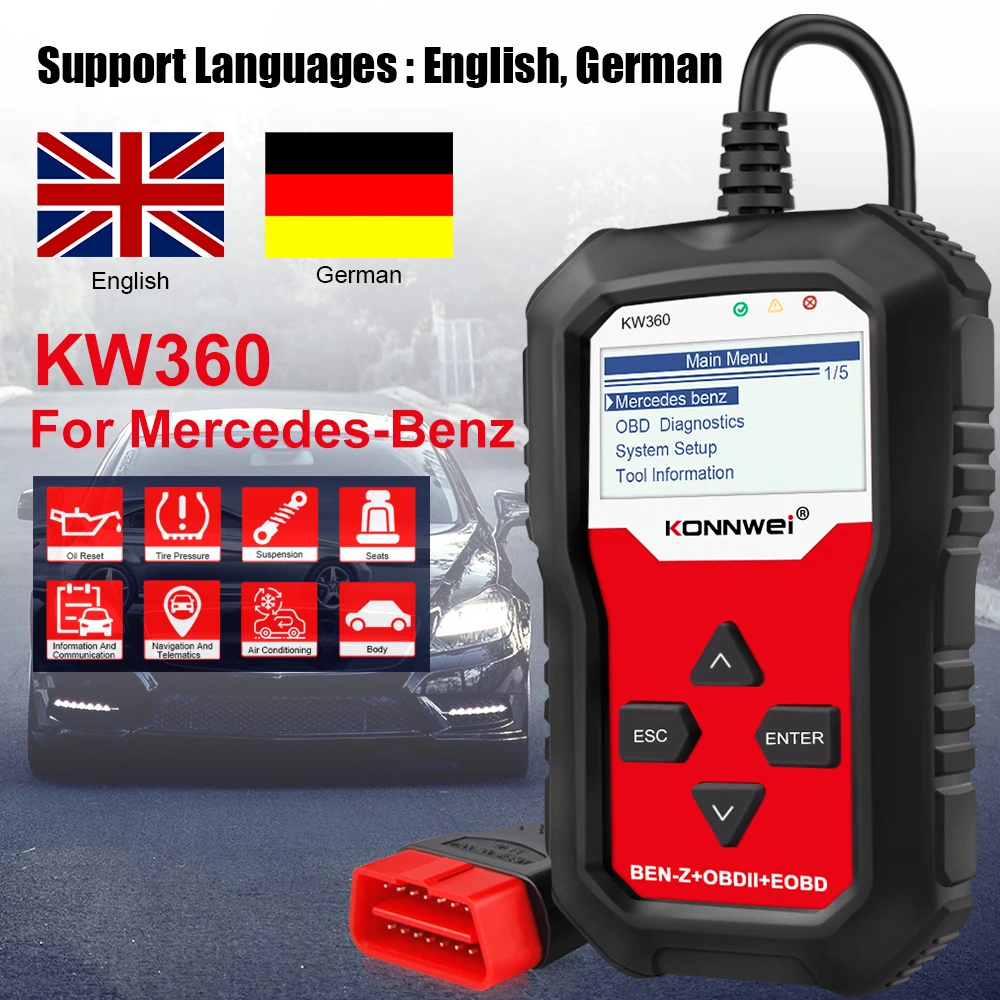 KONNWEI KW360 For Mercedes Benz OBD2 Diagnostic Auto OIL  Reset Dedicated Airbag ABS Brake System Code Reader Car Scanner Tools